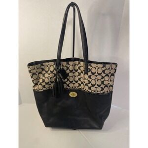 Coach Womens Signature Canvas Leather Turnlock Tote Bag Black Khaki 26943 Purse